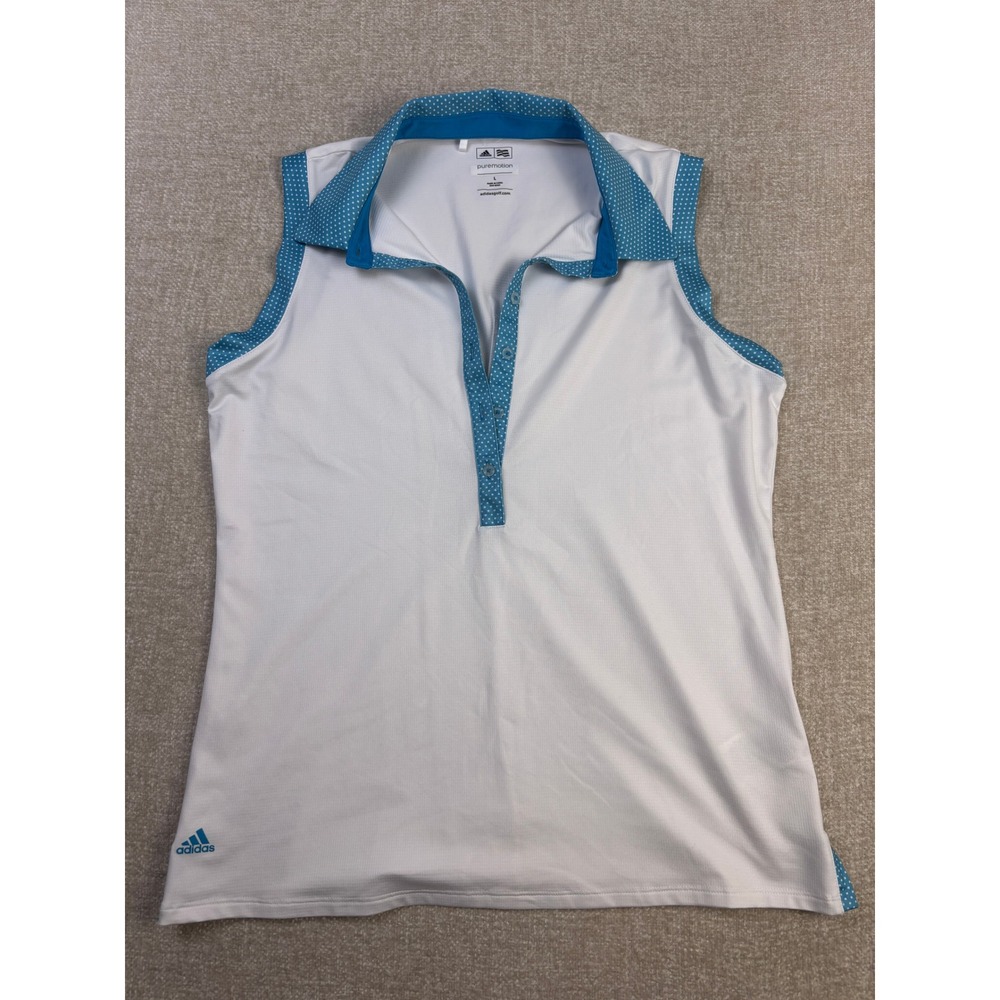 Adidas Golf Puremotion Womens Sleeveless Polo Shirt White Blue Polka Dot Large